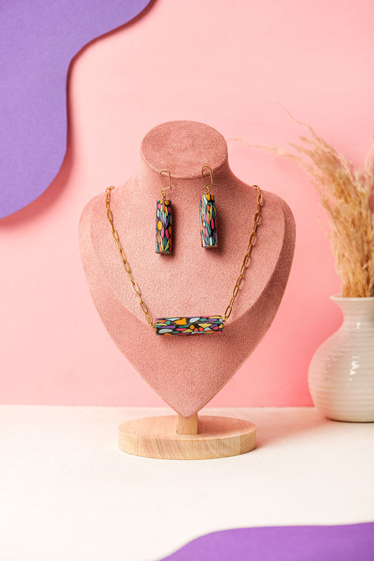 Matching mosaic necklace and earring set. Sculptural, colourful, handmade in Berlin.