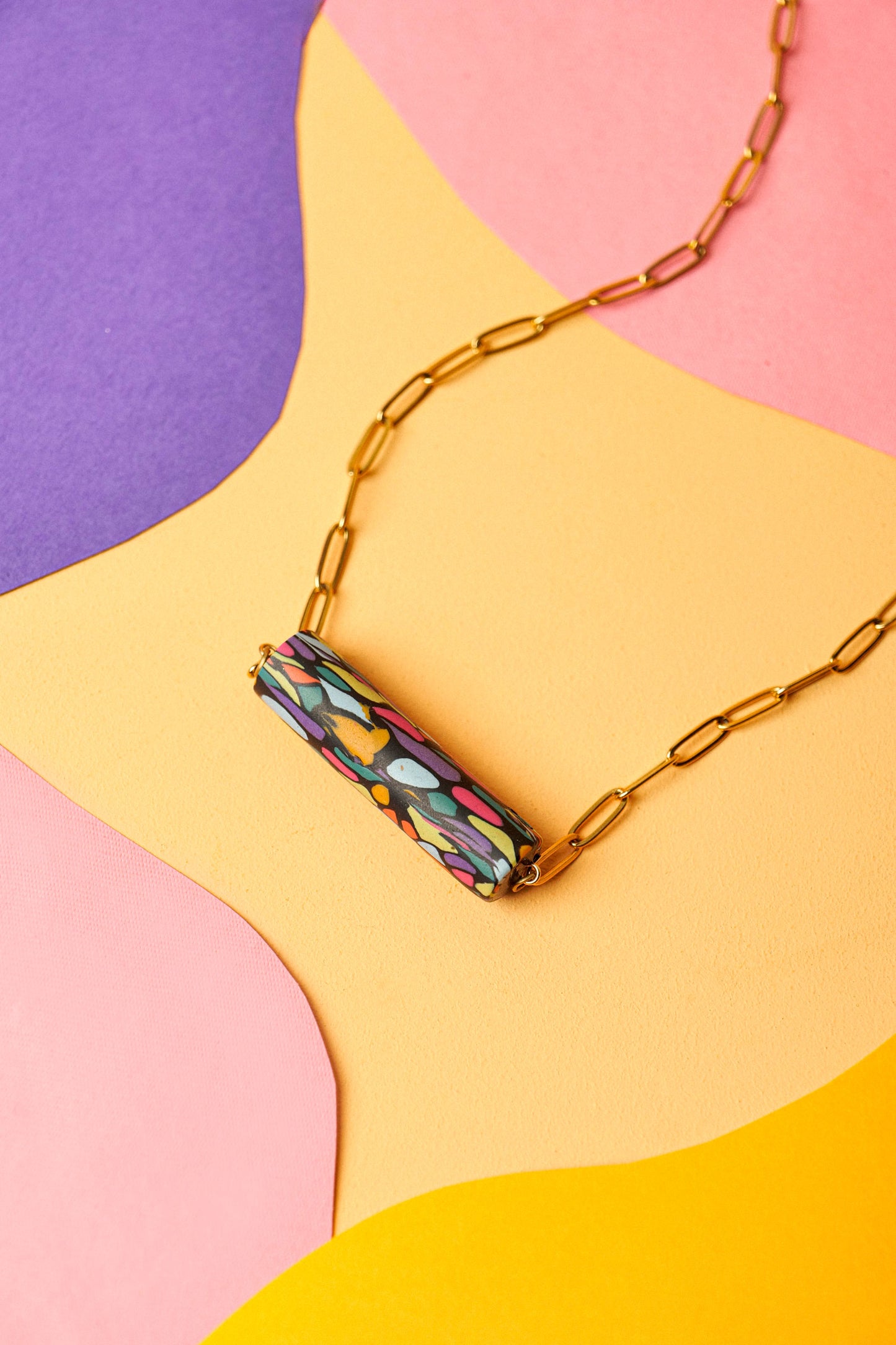 Matching mosaic necklace and earring set. Sculptural, colourful, handmade in Berlin.