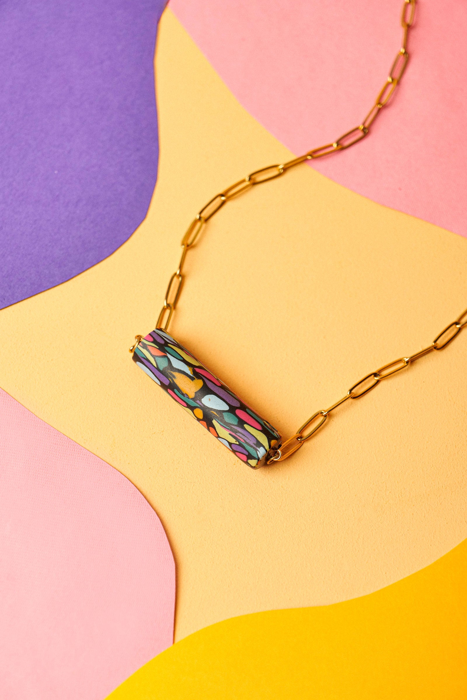 Matching mosaic necklace and earring set. Sculptural, colourful, handmade in Berlin.