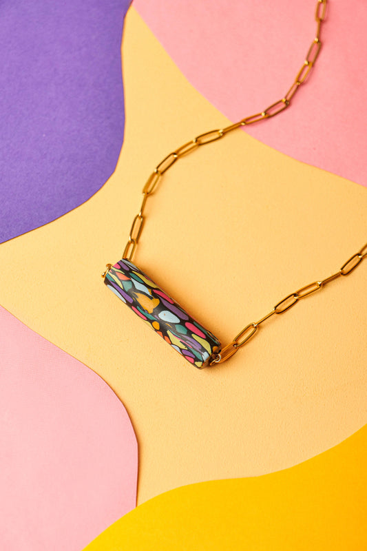 Matching mosaic necklace and earring set. Sculptural, colourful, handmade in Berlin.