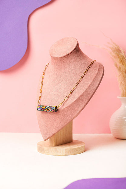 Matching mosaic necklace and earring set. Sculptural, colourful, handmade in Berlin.