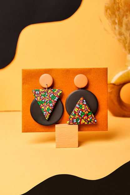 Triangle and circle drop earrings with bold contrast. Handmade mosaic pattern meets graphic form.