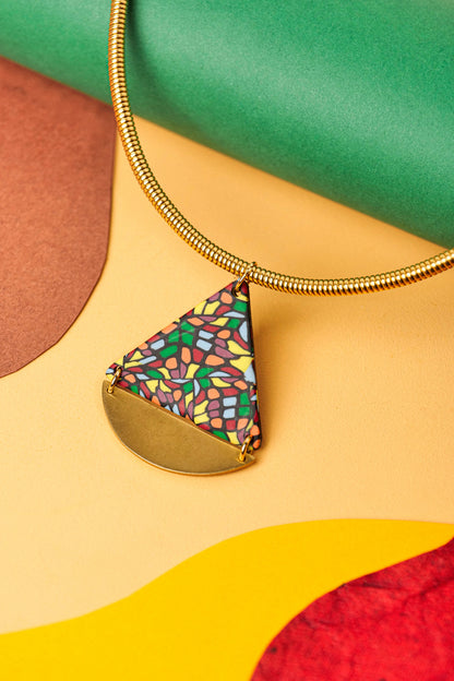 Triangle necklace with mosaic pattern and gold detailing. Your showstopper piece.